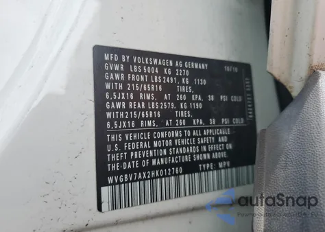 2017 Volkswagen Tiguan S из США, поврежденный, VIN WVGBV7AX2HK012760